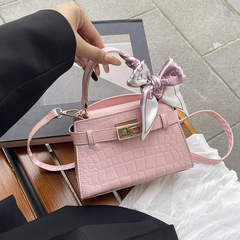 Dames Krokodillen Patroon Handtas PU Leer Crossbody Tas Met Satijnen Sjaal Goud Metalen Slot Schoudertas Elegant Dagelijkse Mode Tote