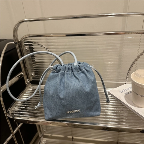 Women's Denim Drawstring Bucket Bag Fashion Minimalist Solid Color Small Shoulder Crossbody Bag Casual Daily Outing Bag