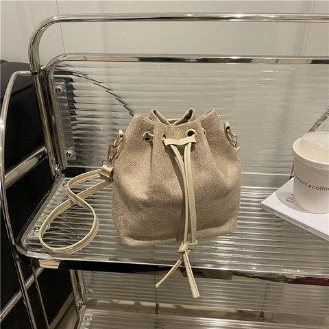 Borsa a Secchiello Minimalista Scamosciata da Donna Retro Coulisse Borsa a Tracolla Moda Pendolare Casual Borsa a Mano
