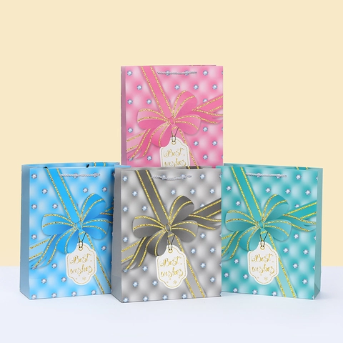 Bowknot Gift Paper Bags With Handles And Best Wishes Tags Mixed Colors For Wedding Birthday Party Favors Packaging