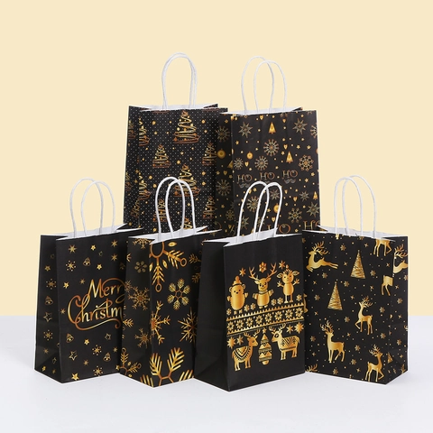 Christmas Black Kraft Paper Gift Bags With Handles Gold Bronzing Reindeer Snowflake Merry Christmas Patterns For Party Favors Holiday Gifting