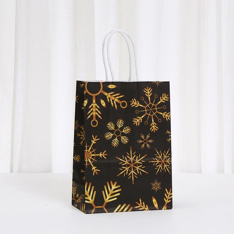 Christmas Black Kraft Paper Gift Bags With Handles Gold Bronzing Reindeer Snowflake Merry Christmas Patterns For Party Favors Holiday Gifting