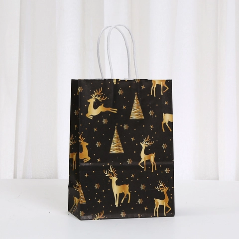 Schwarzes Gold Weihnachten Kraftpapier Geschenktüte Mit Griffen Goldfolie Rentier Schneeflocke Merry Christmas Party Beutel