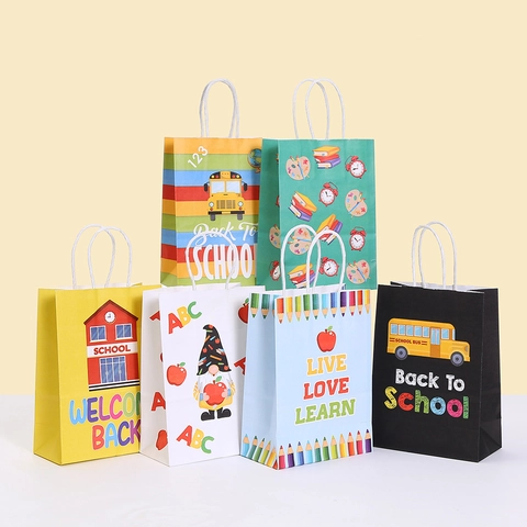 Back To School Cartoon Kraftpapier Geschenktüte Mit Griff Schulbus Apfel Bücher Druck Student Party Feier Tasche