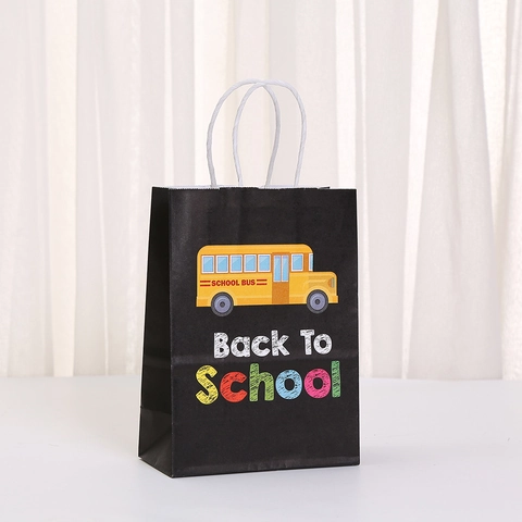 Sacchetti Regalo in Carta Kraft Rientro a Scuola Con Manici Stampa Cartone Animato Scuolabus Gnomo Sacchetti per Feste