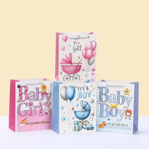 Macaron Cute Baby Shower Gift Bags Pink Blue White Card Paper Bag With Handles For Birthday Newborn Boy Girl Party Gift Wrap