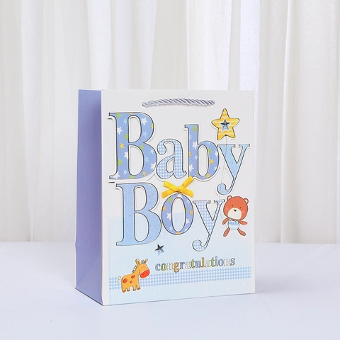 Baby Shower Paper Gift Bags Cartoon White Cardboard Hand Tote Bags For Congratulations New Born Baby Boy Girl Party Favors