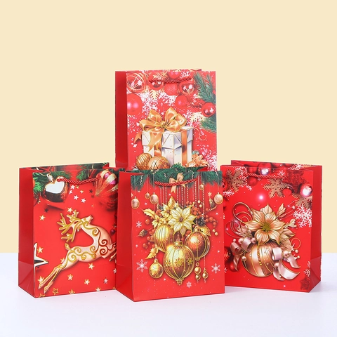 Christmas Gift Bag Cartoon Reindeer Print Red White Cardboard Handbag For Xmas Party Holiday Gift Packaging Shopping Bag