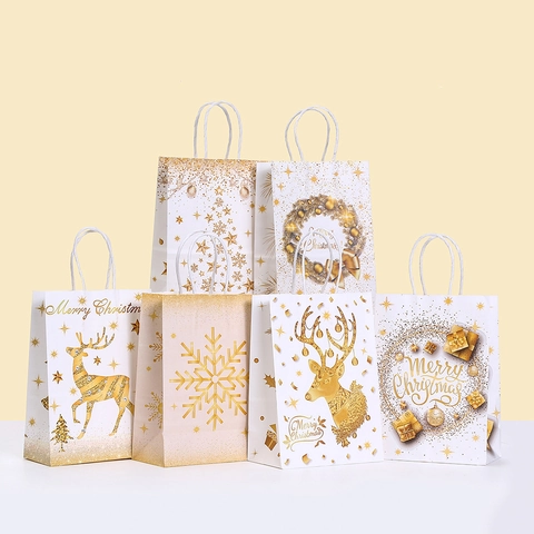 Bolsas de Regalo de Navidad de Papel Kraft Blancas y Doradas Con Asas Patrones de Renos Copos de Nieve Árbol