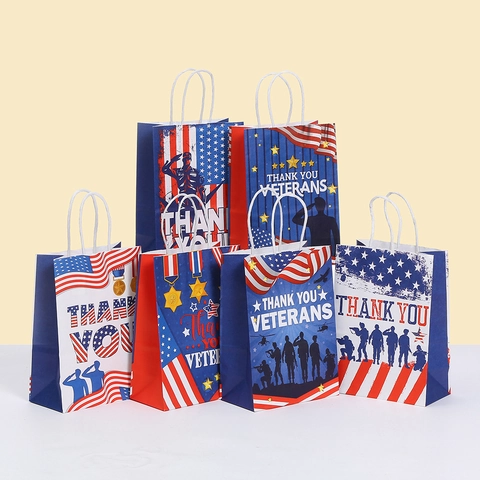 Veteranentag Kraftpapier Geschenktüten Mit Griffen Thank You Veterans Patriotische Amerikanische Flagge Sterne Streifen Soldaten Party Beutel