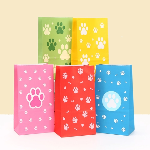 Kraft Paper Gift Bags With Paw Print Sawtooth Edge Stand Up Flat Bottom Treat Bags For Party Bakery Birthday Cookies Candy Bags