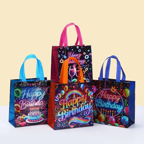Laminated Non-woven Happy Birthday Gift Bag Colorful Cake Balloons Print Portable Party Favor Packaging Bag For Birthday Celebration
