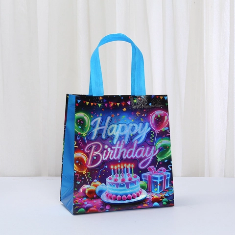 Laminated Non-woven Happy Birthday Gift Bag Colorful Cake Balloons Print Portable Party Favor Packaging Bag For Birthday Celebration