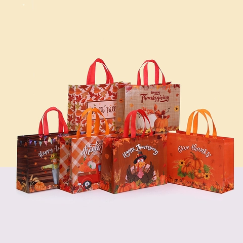 Erntedankfest Herbst Ernte Geschenktüten Beschichtete Vlies Handtaschen Mit Kürbis Truthahn Ahornblatt Muster Für Party