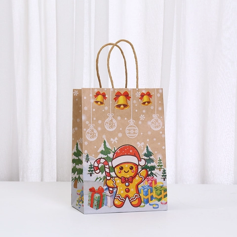 Christmas Kraft Paper Gift Bags With Handles Cartoon Santa Snowman Reindeer Gingerbread Man Printed Holiday Party Favor Packaging Bags