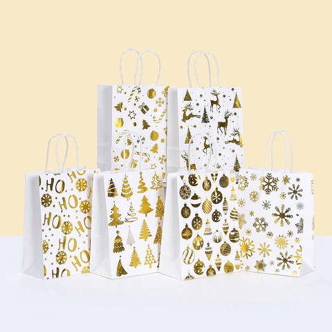 White Gold Christmas Gift Bag Gold Foil Cardstock Paper Bag With Rope Handle For Party Favor Candy Shopping Gift Wrap