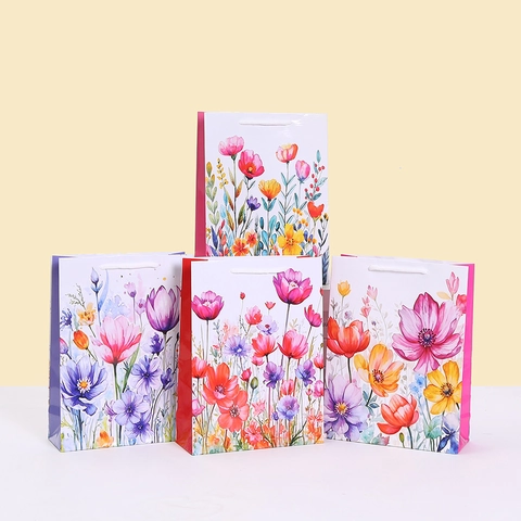 Floral Print Paper Gift Bags With Handles For Party Wedding Candy Packaging Watercolor Flower Pattern Shopping Bag