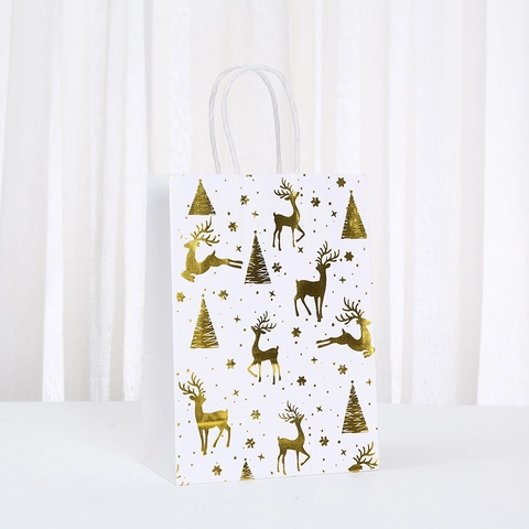 Weißgold Heißfolienprägung Weihnachtsgeschenktüten Rentier Schneeflocken Muster Papier Tragetaschen Für Feiertagsfeiern