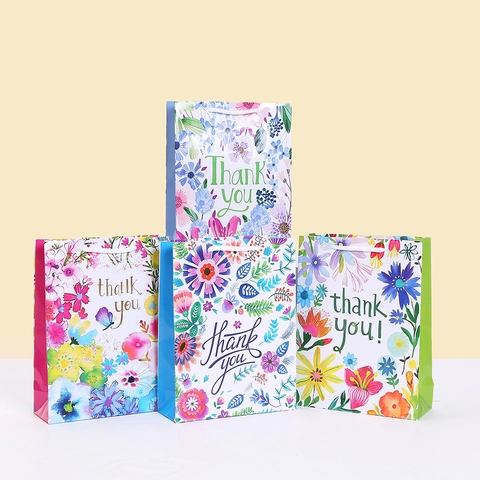 Bolsas de Regalo de Papel Con Estampado Floral Con Asas Patrón Thank You Colores Mixtos Bolsas de Mano para Fiesta Boda Aniversario Cumpleaños