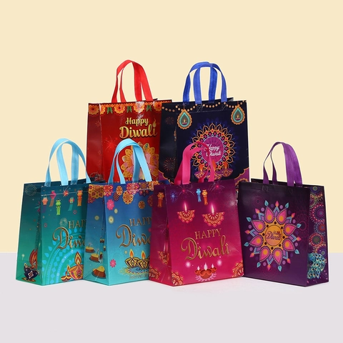 Happy Diwali Gift Bags Non Woven Fabric Tote Bags With Handles Mandala Peacock Pattern Festival Of Lights Party Favor Bags