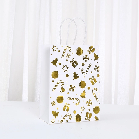 White Gold Christmas Gift Bag Gold Foil Cardstock Paper Bag With Rope Handle For Party Favor Candy Shopping Gift Wrap