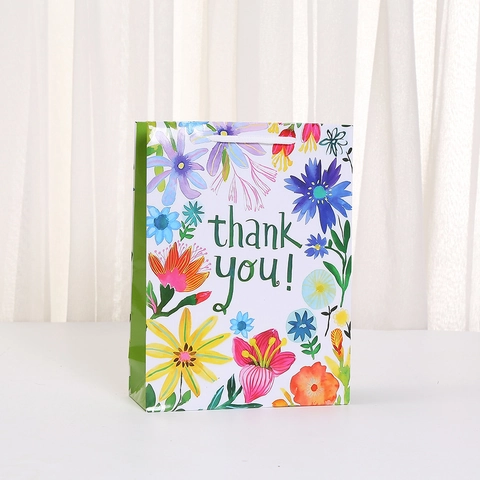 Floral Print Coated Paper Gift Bags With Thank You Text Handheld Party Favor Bags For Wedding Birthday Holiday Mixed Colors