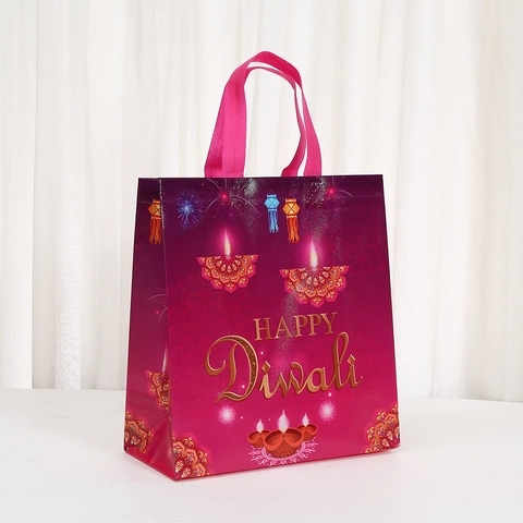 Bolsa de Regalo Diwali de Tela No Tejida Laminada Impermeable Estampada Happy Diwali Festival de las Luces