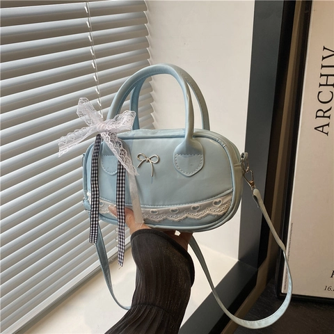 Süße PU Leder Schleife Spitze Boston Handtasche Für Damen Lolita Herz Muster Schulter Umhängetasche Täglich Party