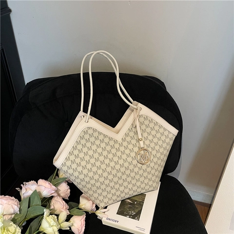 Bolso de Hombro de Cuero PU para Mujer Gran Capacidad Bolso Tote con Monograma M Elegante Bolso de Mano en Forma de V para Oficina Diaria