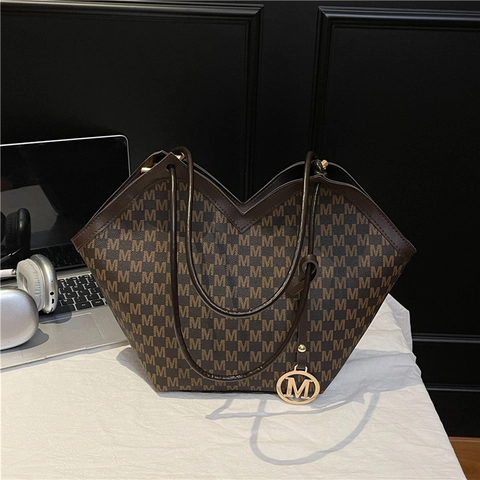 Bolso de Hombro de Cuero PU para Mujer Gran Capacidad Bolso Tote con Monograma M Elegante Bolso de Mano en Forma de V para Oficina Diaria