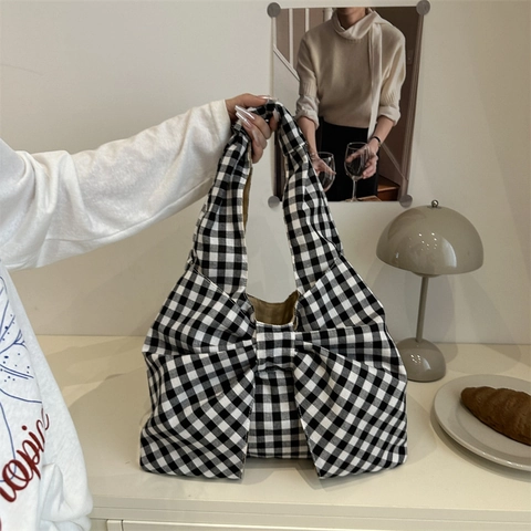 Bolso de Hombro para Mujer con Lazo Grande Bolso Tote Gingham Bolso de Compras Ligero Casual Estilo Coreano Plisado