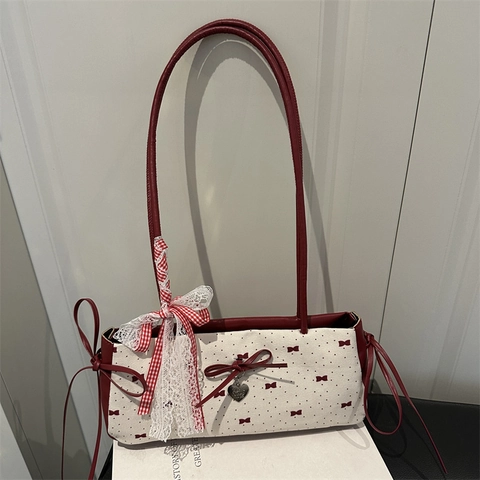 Sac sous le bras doux pour femmes avec nœud et pois en toile et similicuir avec pendentif en cœur et nœud en dentelle