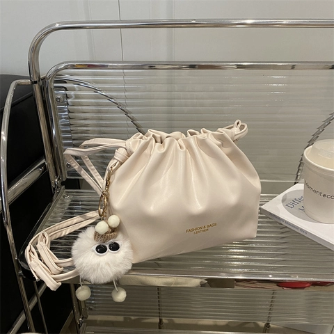 Women Pleated Cloud Bucket Bag PU Leather Drawstring Shoulder Crossbody Bag Versatile Minimalist Fashion Small Handbag