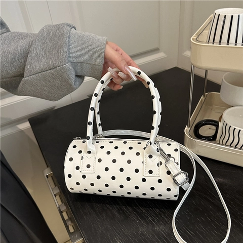 Sac Baril à Pois Vintage Pour Femmes Cuir PU Sac à Main Style Coréen Design de Niche Sac à Épaule Bandoulière
