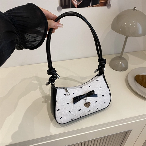 Bolso de Axila con Lazo Dulce Mujer 2025 Nuevo Textura en Relieve Bolso Baguette Colante Corazón Moda Color Contraste Bolso de Hombro
