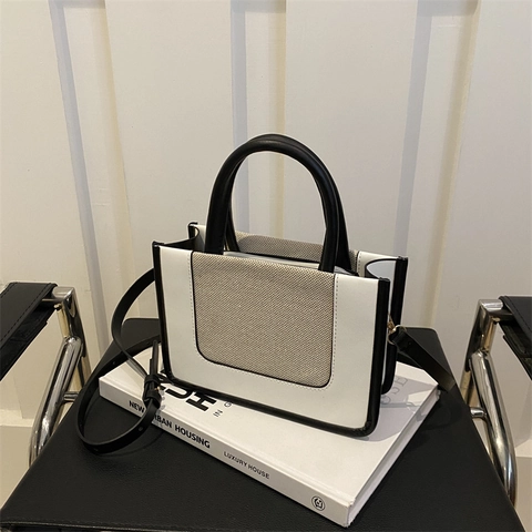 Sac à Main en Cuir PU et Toile Patchwork pour Femmes Vintage Color Block Sac à Bandoulière Petit Sac Carré Avec Bandoulière Réglable