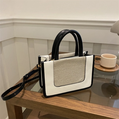 Sac à Main en Cuir PU et Toile Patchwork pour Femmes Vintage Color Block Sac à Bandoulière Petit Sac Carré Avec Bandoulière Réglable