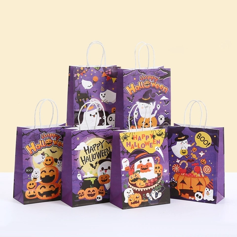 Halloween Paper Tote Bag Purple Kraft Paper Gift Packaging Bag With Handle Ghost Pumpkin Castle For Party Candy Treats