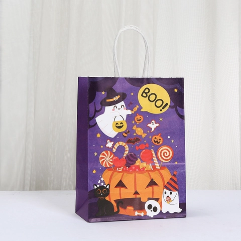 Halloween Paper Tote Bag Purple Kraft Paper Gift Packaging Bag With Handle Ghost Pumpkin Castle For Party Candy Treats