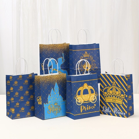 Prinz Thema Kraftpapier Geschenktüte Goldprägung Krone Schloss Kutsche Muster Party Gastgeschenk Handtasche Für Kinder Geburtstag