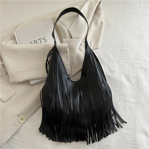 Retro Damen Fransen Tote Bag PU Leder Schultertasche Unterarmtasche Bohemian Stil Lässig Pendeln Vielseitige Große Kapazität Handtasche