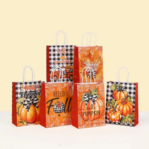 Sacchetti Regalo in Carta Kraft per il Giorno del Ringraziamento Autunno Zucca Foglia di Acero Quadri Buffalo con Manico