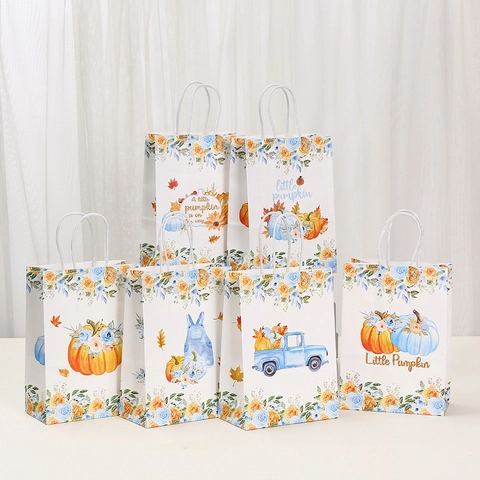 Cartoon Animal Little Pumpkin Kraft Paper Gift Bags For Autumn Forest Party Baby Shower Supplies Floral Print Handbag