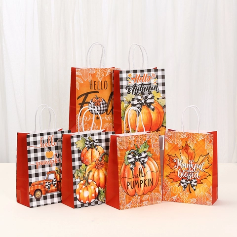 Erntedankfest Kraftpapier Geschenktüten Mit Griffen Hello Fall Kürbis Ahornblatt Muster Feiertags Party Gastgeschenke Für Herbst Ernte