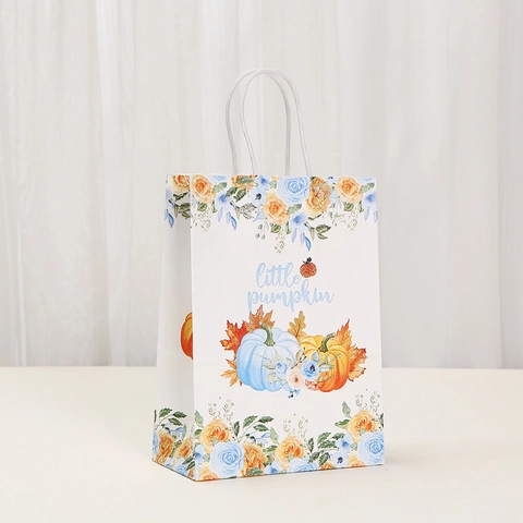 Cartoon Animal Little Pumpkin Kraft Paper Gift Bags For Autumn Forest Party Baby Shower Supplies Floral Print Handbag