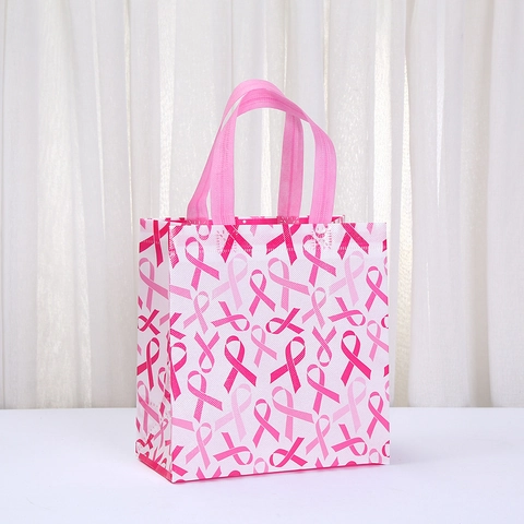 Breast Cancer Awareness Pink Ribbon Gift Bag Laminated Non-woven Fabric Magenta Support Tote Bags For Women Charity Party Favor