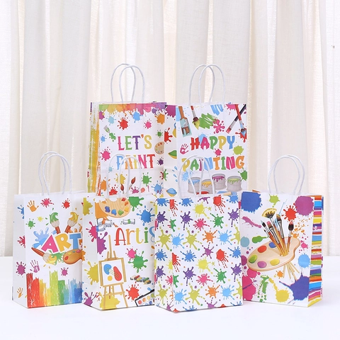 Art Painting Theme Kraft Paper Gift Bags With Handles Multi Color Paint Splatter Artist Birthday Party Favors Packaging Handbags