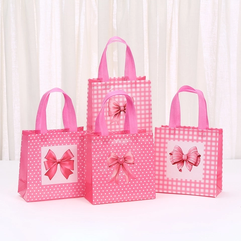 Sacchetto Regalo in Tessuto Non Tessuto Rosa Con Stampa a Fiocco Motivo a Quadri e Pois Borsa Portatile Impermeabile per Festa di Compleanno Shopping