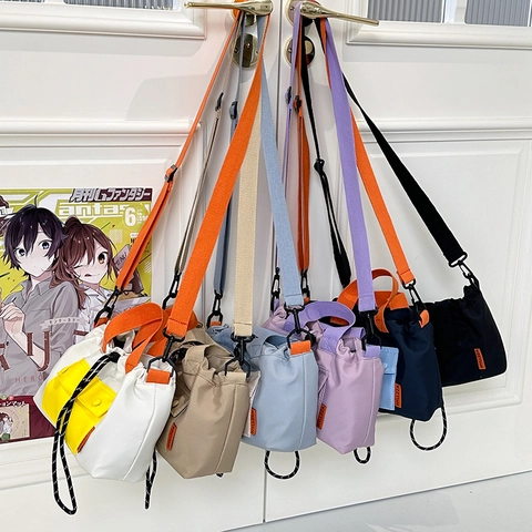 Damen Nylon Umhängetasche Farbblock Kordelzug Tote Tasche Kontrast Gurt Workwear Stil Schulter Messenger Bag Casual Große Kapazität Handtasche