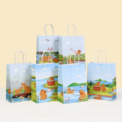 Sac Cadeau en Papier Imprimé Capybara de Dessin Animé Avec Poignée Pour Fête Anniversaire Mariage Shopping Emballage Sac à Main Portable